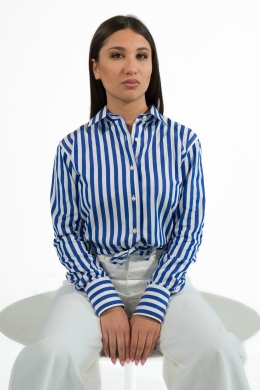 GINEVRA women's blouse, white and blue stripe, regular fit with back darts
