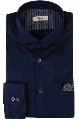 Camicia in popeline di cotone blu con inserti in tessuto stampato. Ingram Uomo