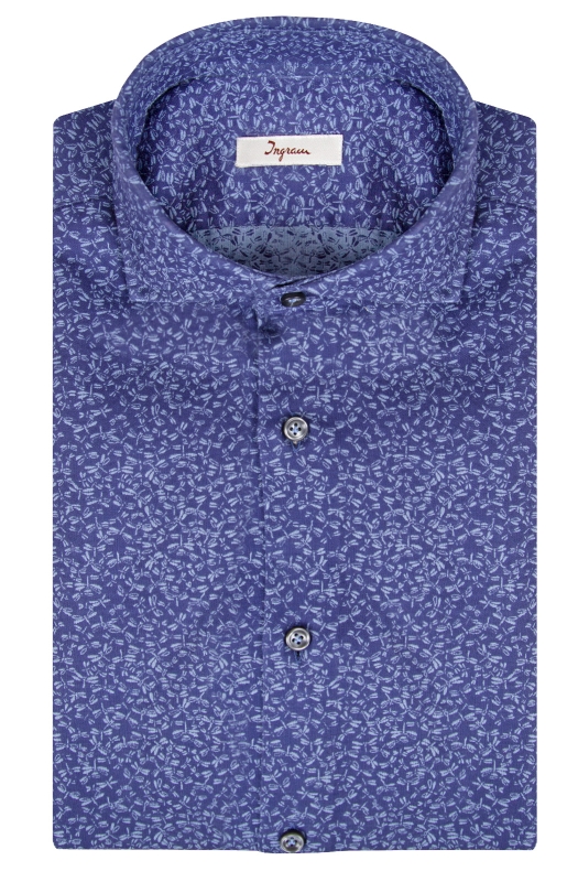 Slim fit men’s shirt in pure dark blue cotton with micro printed dragonflies