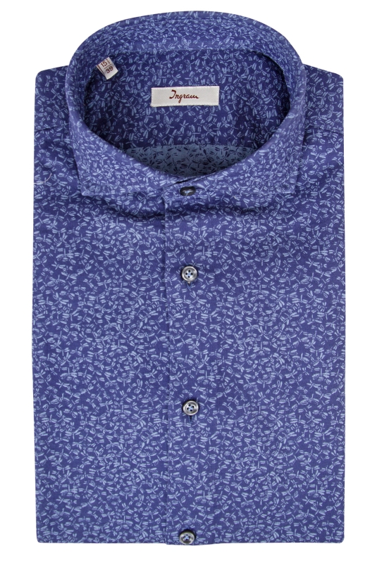 Camicia Slim uomo in puro cotone blu scuro con microfantasia a libellule