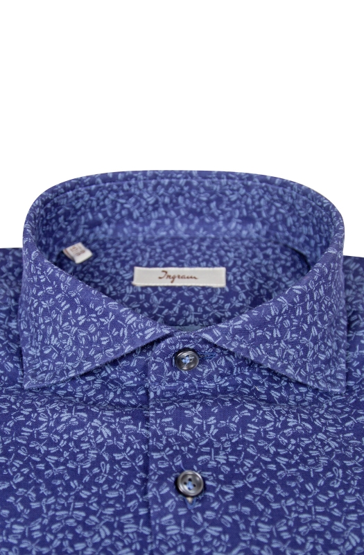 Camicia Slim uomo in puro cotone blu scuro con microfantasia a libellule