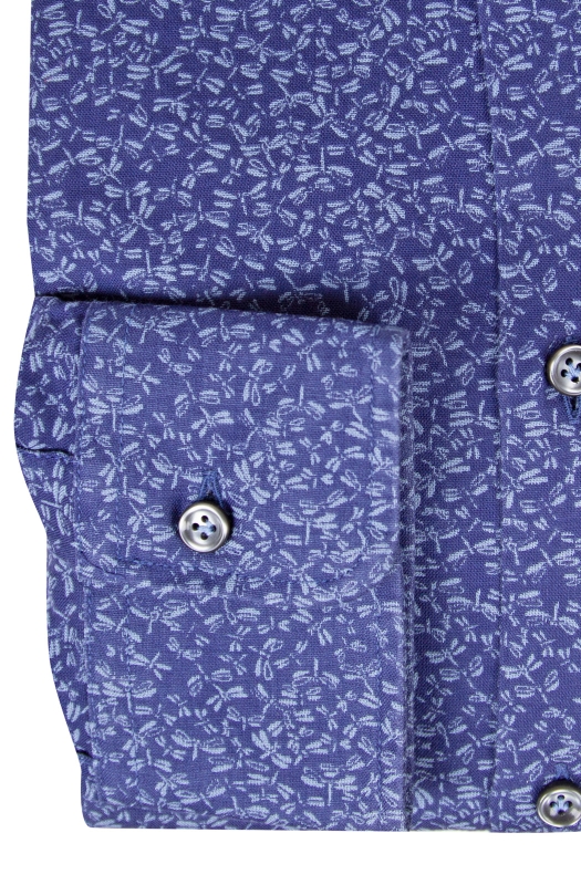 Slim fit men’s shirt in pure dark blue cotton with micro printed dragonflies