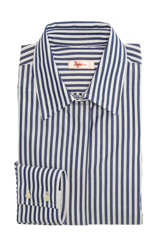 Camicia GINEVRA abbottonatura coperta, vestibilità regular, bacchetta bianca e blu, puro cotone