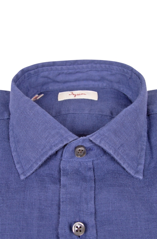Slim fit linen shirt with half French collar, garment dyed fabric