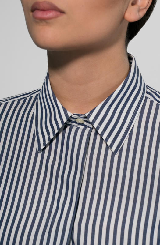 GINEVRA shirt with concealed button placket, regular fit, white and blue stripe, pure cotton.