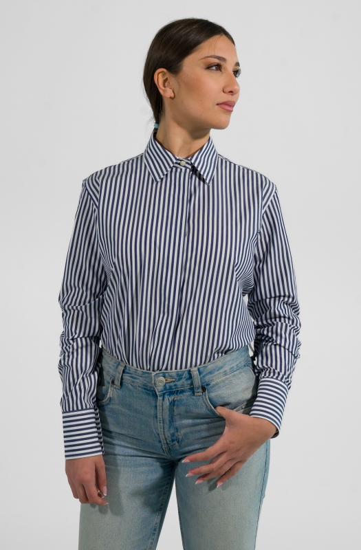 Camicia GINEVRA abbottonatura coperta, vestibilità regular, bacchetta bianca e blu, puro cotone