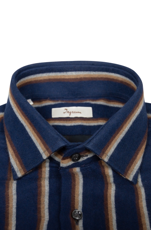 Camicia in flanella di cotone a righe. Collo semi aperto. Ingram Uomo