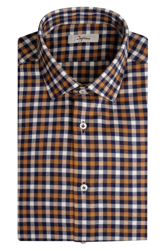 Checked cotton flannel shirt. Semi cut-away collar. Ingram Man